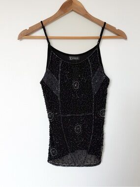 Sparkly Black Beaded Embroidered Mesh Summer Tank Top